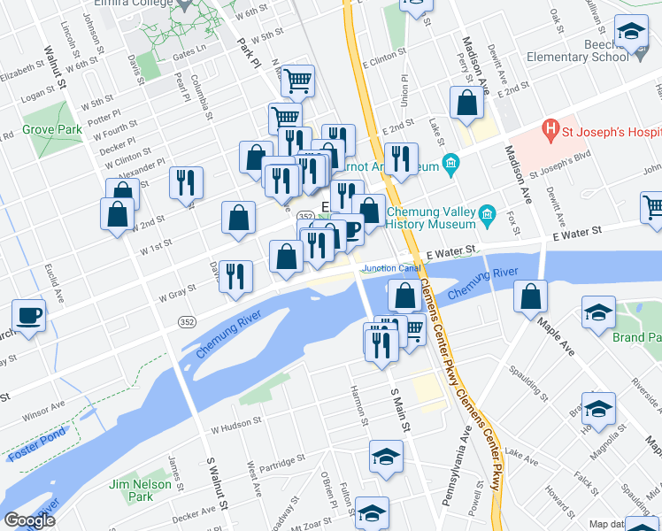 map of restaurants, bars, coffee shops, grocery stores, and more near 228 West Water Street in Elmira