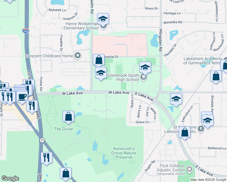 map of restaurants, bars, coffee shops, grocery stores, and more near 1741 Portage Run in Glenview