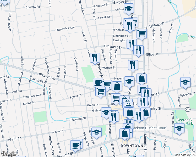 map of restaurants, bars, coffee shops, grocery stores, and more near 20 Oakland Place in Brockton