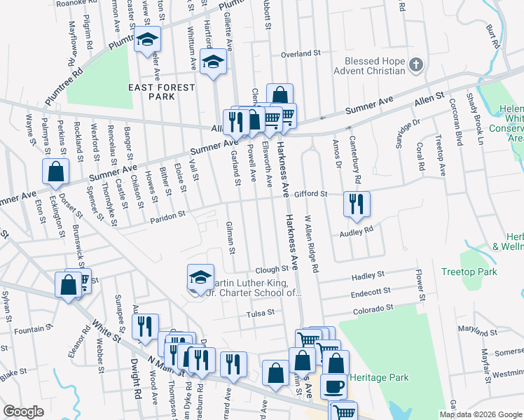 map of restaurants, bars, coffee shops, grocery stores, and more near 140 Powell Avenue in Springfield