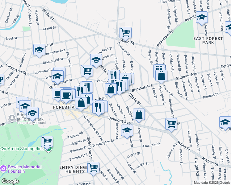 map of restaurants, bars, coffee shops, grocery stores, and more near 18 Whittier Street in Springfield