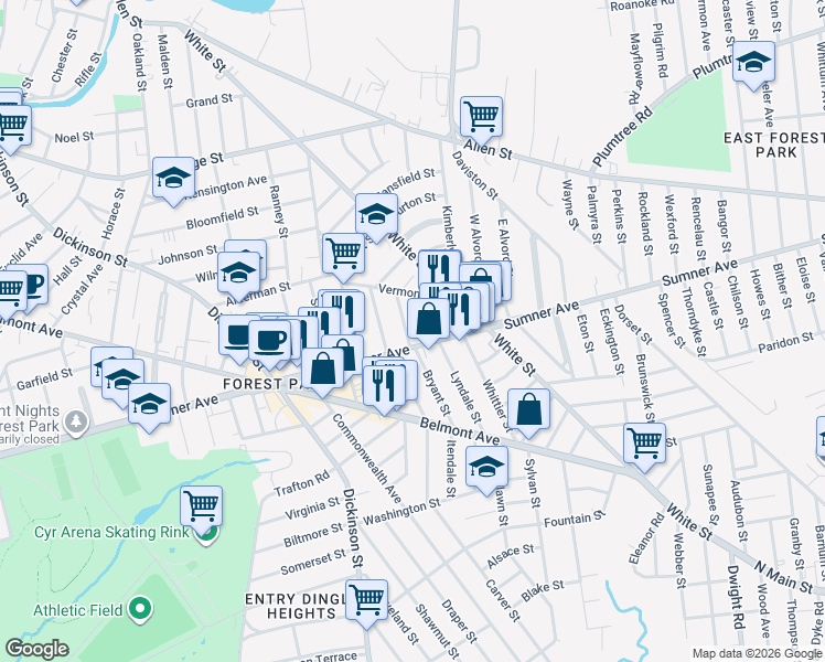 map of restaurants, bars, coffee shops, grocery stores, and more near 685 Sumner Avenue in Springfield