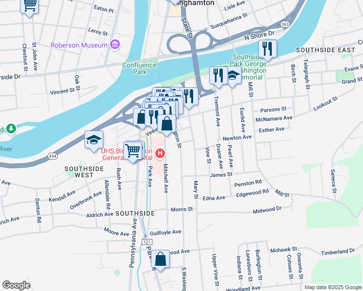 map of restaurants, bars, coffee shops, grocery stores, and more near 74 Mary Street in Binghamton