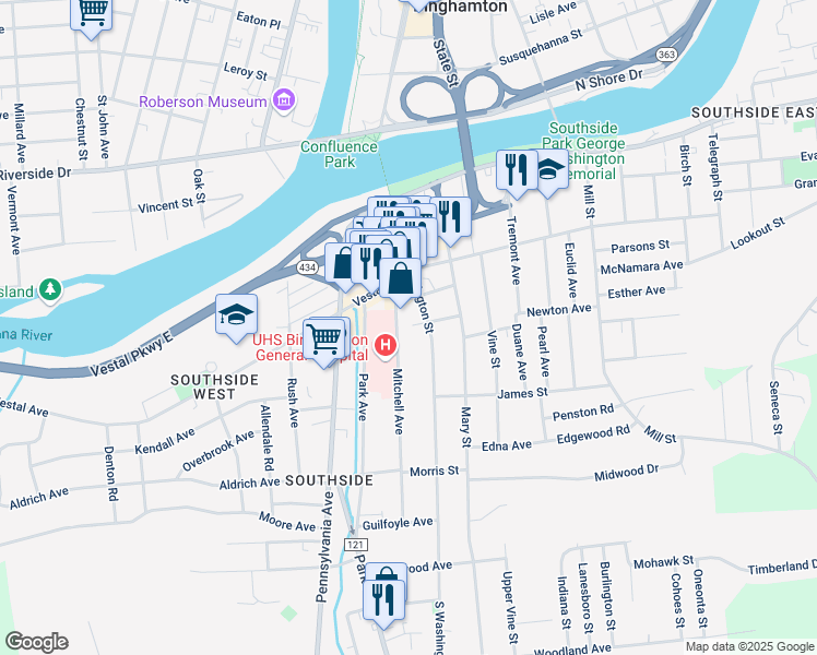 map of restaurants, bars, coffee shops, grocery stores, and more near 33 Mitchell Avenue in Binghamton