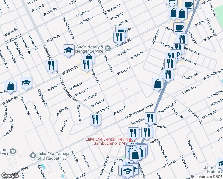 map of restaurants, bars, coffee shops, grocery stores, and more near 1435 West 43rd Street in Erie