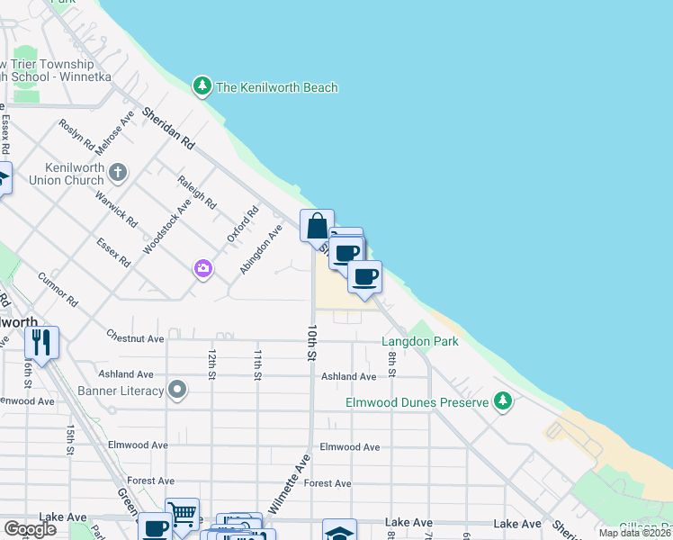 map of restaurants, bars, coffee shops, grocery stores, and more near 1515 Sheridan Road in Wilmette