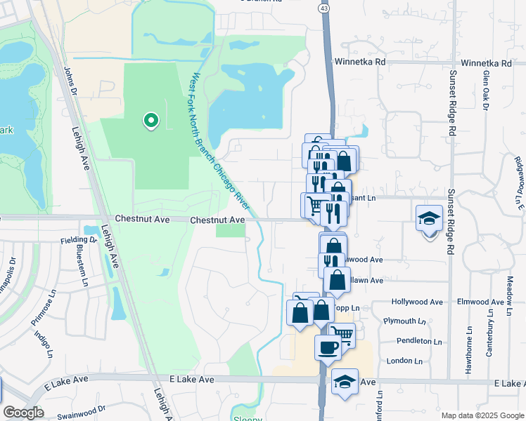 map of restaurants, bars, coffee shops, grocery stores, and more near 1733 Sequoia Trail in Glenview
