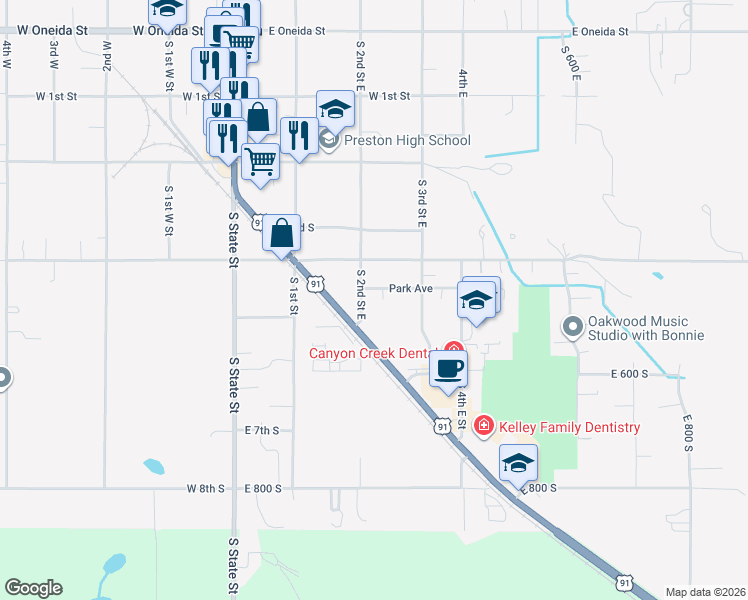 map of restaurants, bars, coffee shops, grocery stores, and more near 234 Park Avenue in Preston