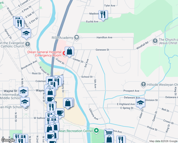 map of restaurants, bars, coffee shops, grocery stores, and more near 505 School Street in Olean