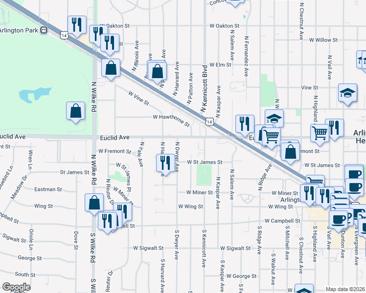 map of restaurants, bars, coffee shops, grocery stores, and more near 410 North Dwyer Avenue in Arlington Heights