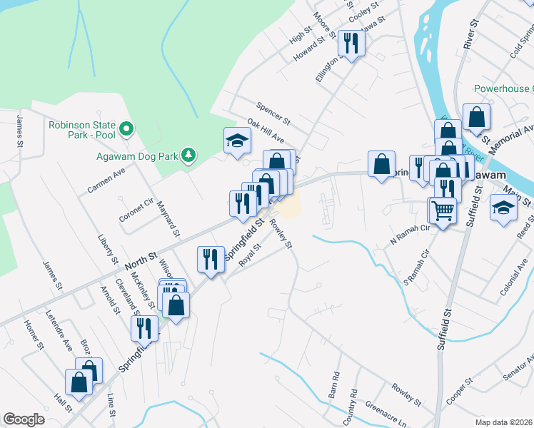 map of restaurants, bars, coffee shops, grocery stores, and more near 0 Rowley Street in Agawam