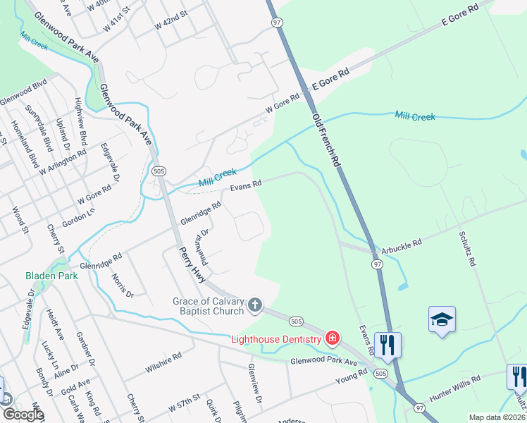 map of restaurants, bars, coffee shops, grocery stores, and more near 5410 Woodland Hills Circle in Erie