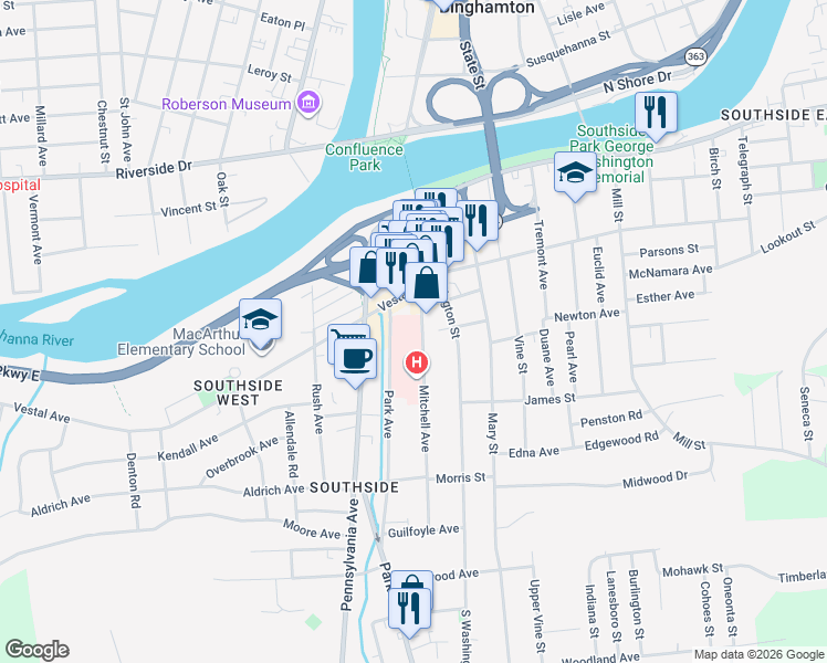 map of restaurants, bars, coffee shops, grocery stores, and more near 16 Mitchell Avenue in Binghamton