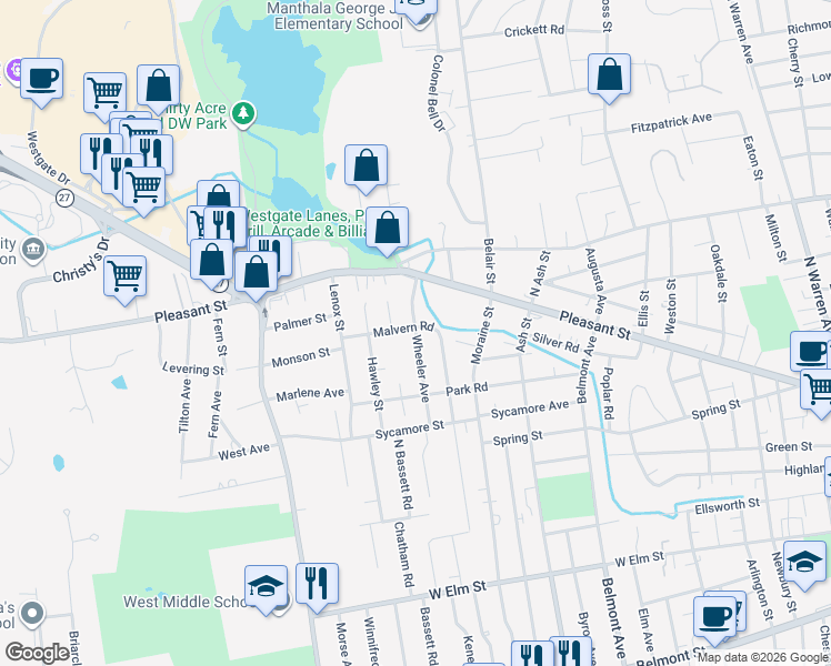 map of restaurants, bars, coffee shops, grocery stores, and more near 39 Wheeler Avenue in Brockton