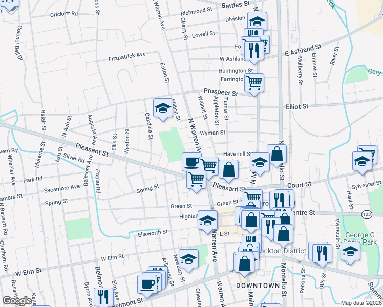 map of restaurants, bars, coffee shops, grocery stores, and more near 20 Oakland Place in Brockton