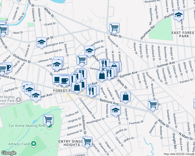 map of restaurants, bars, coffee shops, grocery stores, and more near 37 Converse Street in Springfield