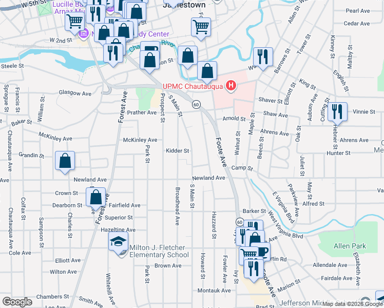 map of restaurants, bars, coffee shops, grocery stores, and more near 57 Hazzard Street in Jamestown