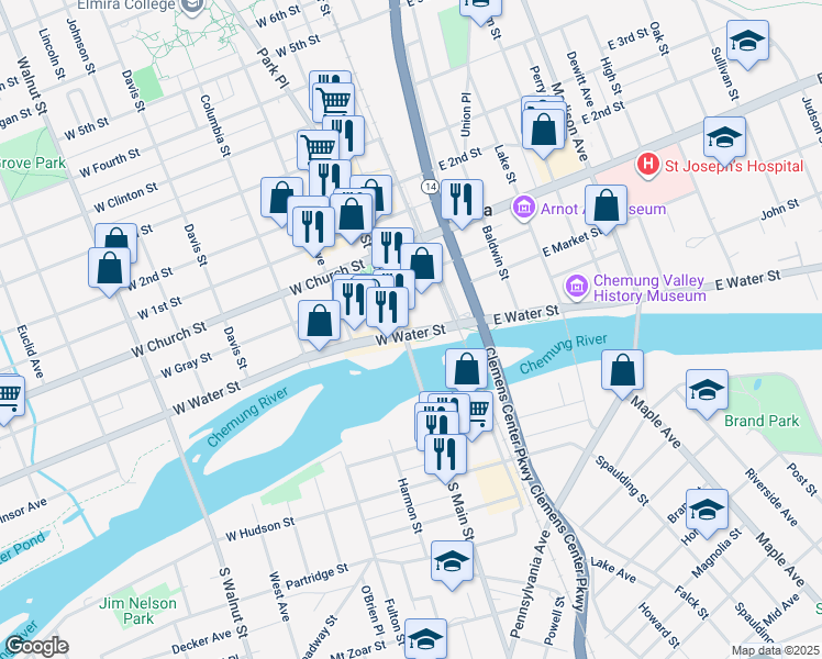 map of restaurants, bars, coffee shops, grocery stores, and more near 100 West Water Street in Elmira