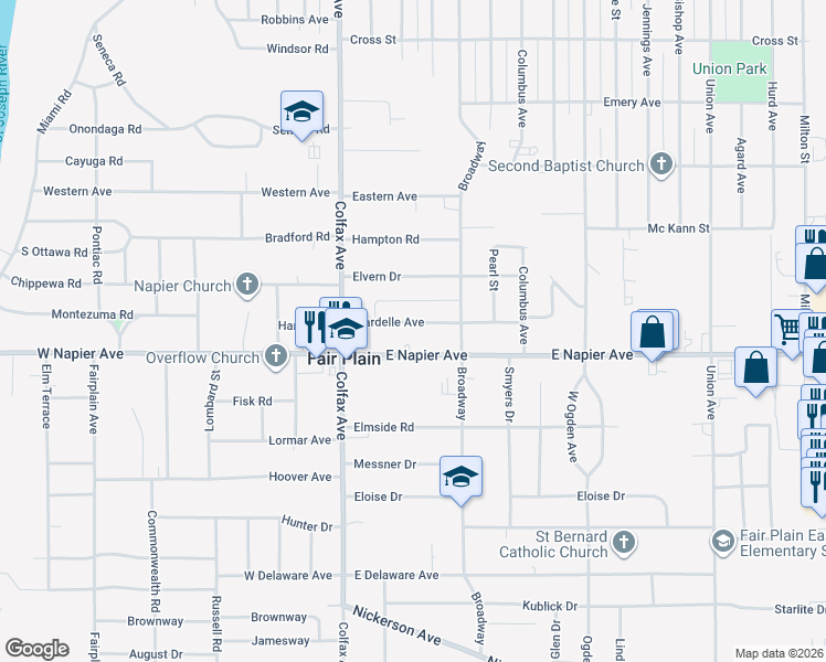 map of restaurants, bars, coffee shops, grocery stores, and more near 258 Helmar Court in Benton Harbor