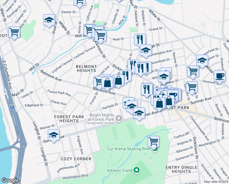 map of restaurants, bars, coffee shops, grocery stores, and more near 41 Crystal Avenue in Springfield