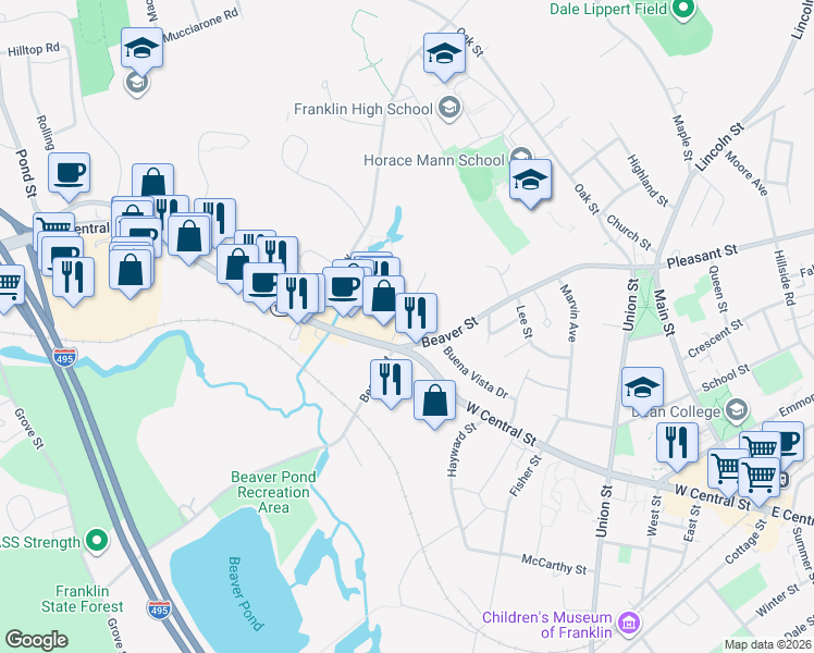 map of restaurants, bars, coffee shops, grocery stores, and more near 46 Raymond Street in Franklin