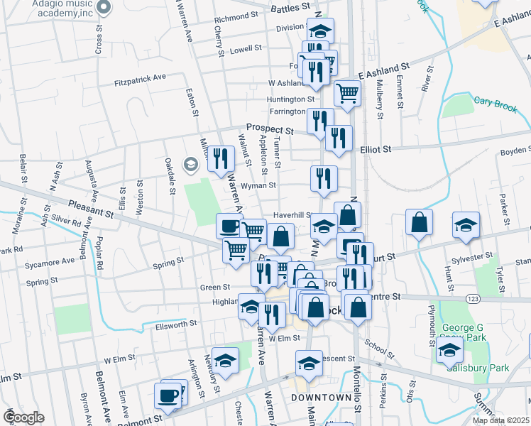 map of restaurants, bars, coffee shops, grocery stores, and more near 24 Turner Street in Brockton