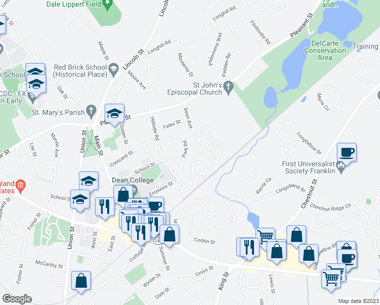 map of restaurants, bars, coffee shops, grocery stores, and more near 132 Dean Avenue in Franklin