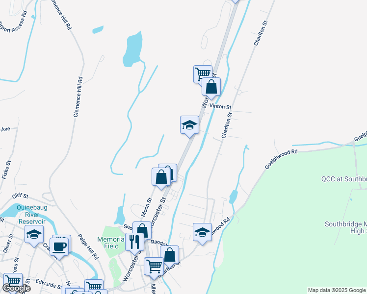 map of restaurants, bars, coffee shops, grocery stores, and more near 401 Worcester Street in Southbridge