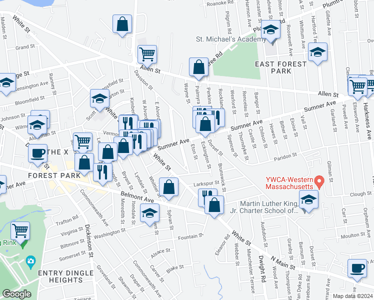 map of restaurants, bars, coffee shops, grocery stores, and more near 845 Sumner Avenue in Springfield