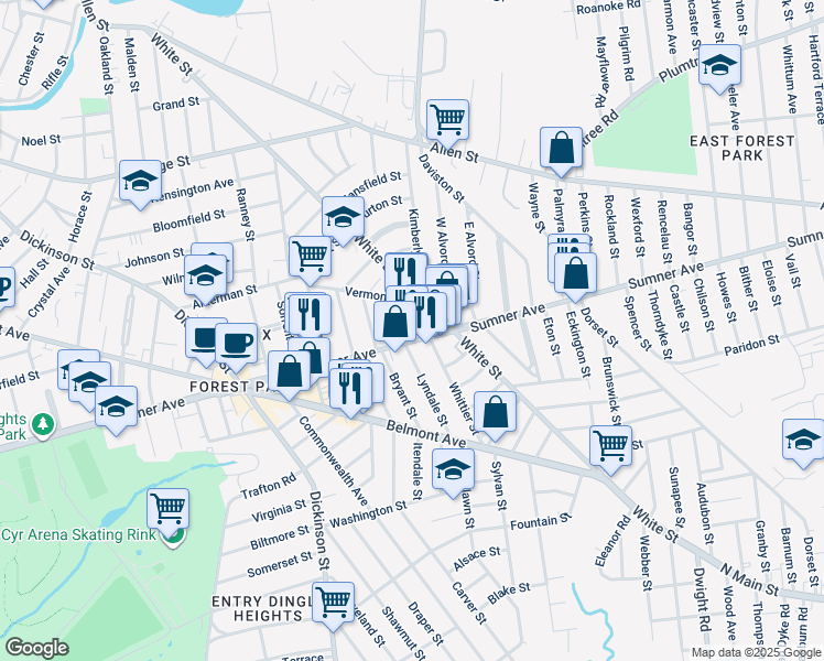 map of restaurants, bars, coffee shops, grocery stores, and more near 413 White Street in Springfield