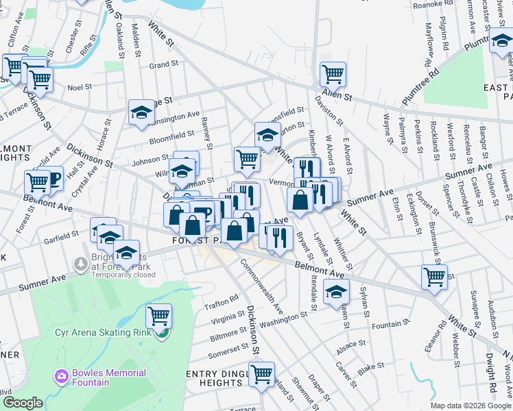 map of restaurants, bars, coffee shops, grocery stores, and more near 110 Grenada Terrace in Springfield