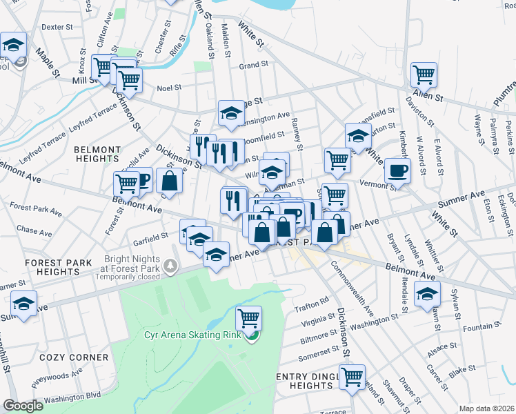 map of restaurants, bars, coffee shops, grocery stores, and more near 28 Alderman Street in Springfield