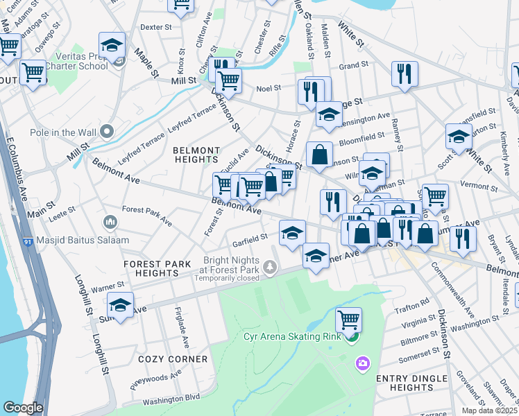 map of restaurants, bars, coffee shops, grocery stores, and more near 41 Crystal Avenue in Springfield