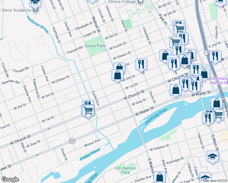 map of restaurants, bars, coffee shops, grocery stores, and more near 514 West 2nd Street in Elmira