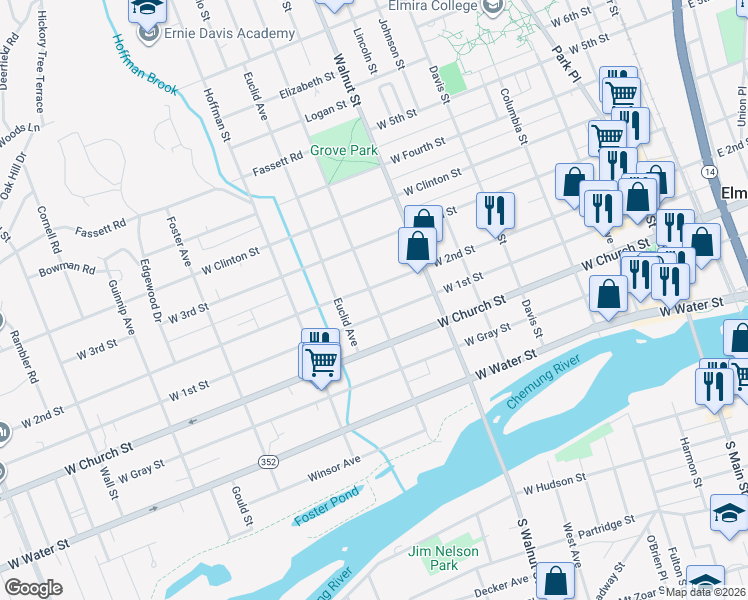 map of restaurants, bars, coffee shops, grocery stores, and more near 405 Grove Street in Elmira