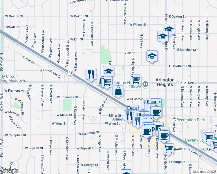 map of restaurants, bars, coffee shops, grocery stores, and more near 240 West Euclid Avenue in Arlington Heights