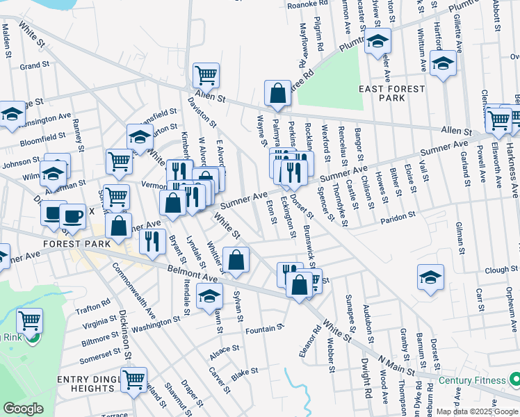 map of restaurants, bars, coffee shops, grocery stores, and more near 19 Trinity Terrace in Springfield