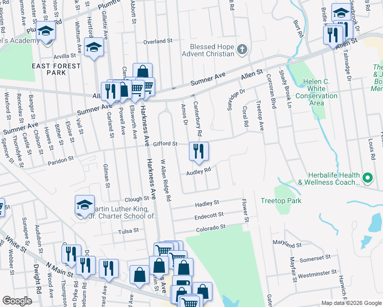 map of restaurants, bars, coffee shops, grocery stores, and more near 134 Canterbury Road in Springfield