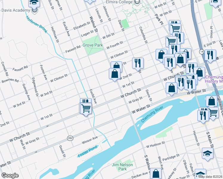 map of restaurants, bars, coffee shops, grocery stores, and more near 514 West 2nd Street in Elmira