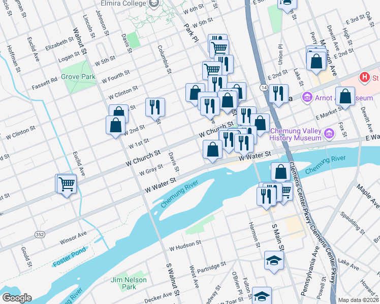 map of restaurants, bars, coffee shops, grocery stores, and more near 351 West Church Street in Elmira