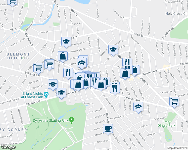 map of restaurants, bars, coffee shops, grocery stores, and more near 54 Grenada Terrace in Springfield