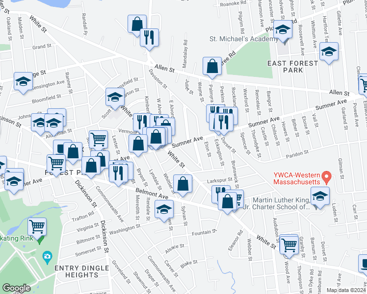 map of restaurants, bars, coffee shops, grocery stores, and more near 795 Sumner Avenue in Springfield