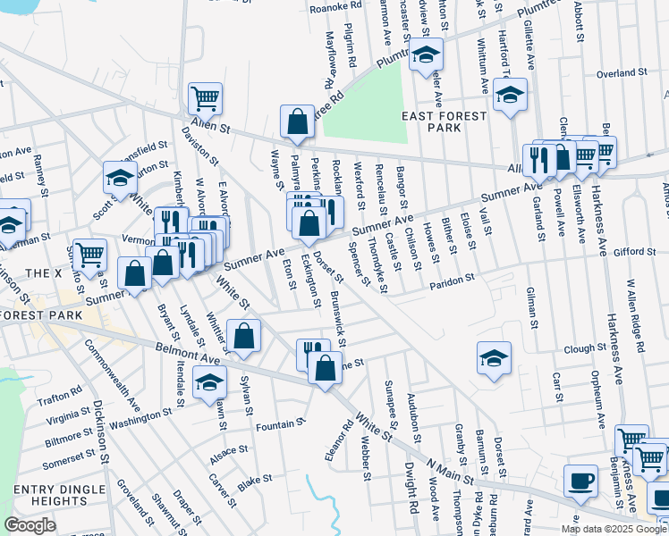 map of restaurants, bars, coffee shops, grocery stores, and more near 41 Dorset Street in Springfield