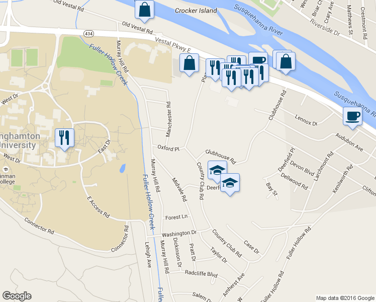 map of restaurants, bars, coffee shops, grocery stores, and more near 608 Country Club Road in Vestal
