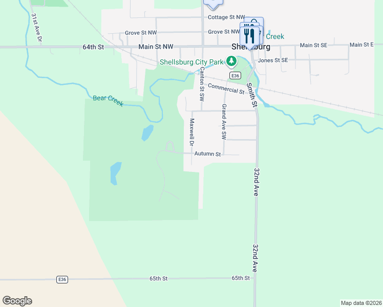 map of restaurants, bars, coffee shops, grocery stores, and more near 216 Maxwell Dr SW in Shellsburg