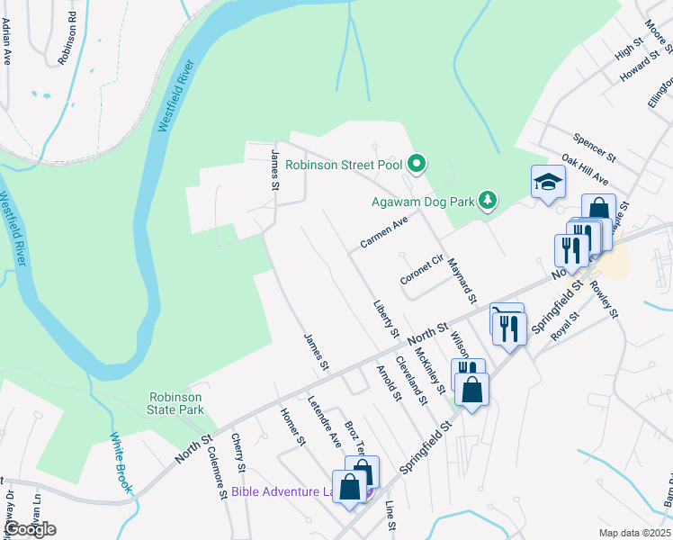 map of restaurants, bars, coffee shops, grocery stores, and more near 100 Oak Lane in Agawam