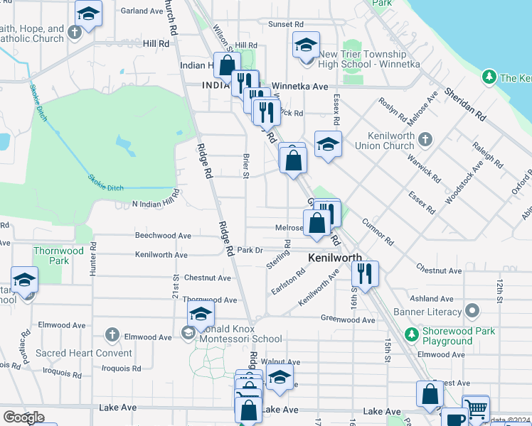 map of restaurants, bars, coffee shops, grocery stores, and more near 626 Wayland Avenue in Kenilworth