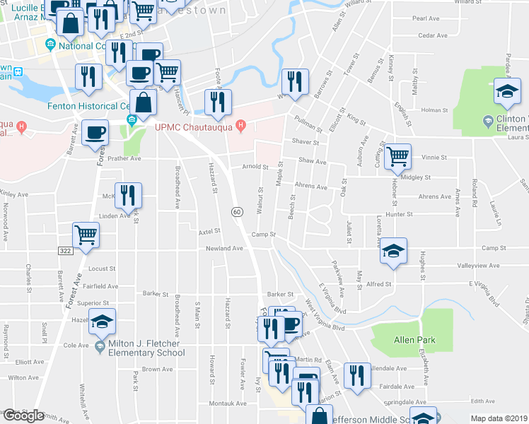 map of restaurants, bars, coffee shops, grocery stores, and more near 7 Ahrens Avenue in Jamestown