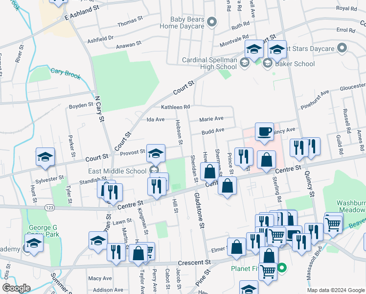 map of restaurants, bars, coffee shops, grocery stores, and more near 90 Sheridan Street in Brockton