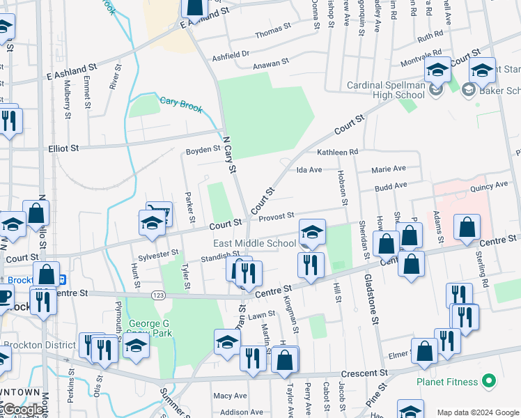 map of restaurants, bars, coffee shops, grocery stores, and more near 412 Court Street in Brockton